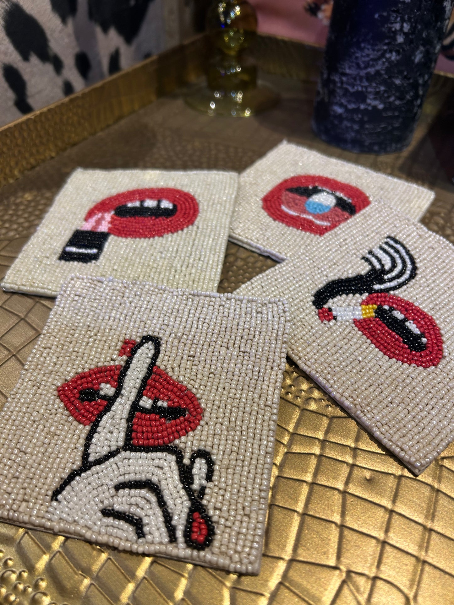 Lips Beaded Coasters - Set of 4