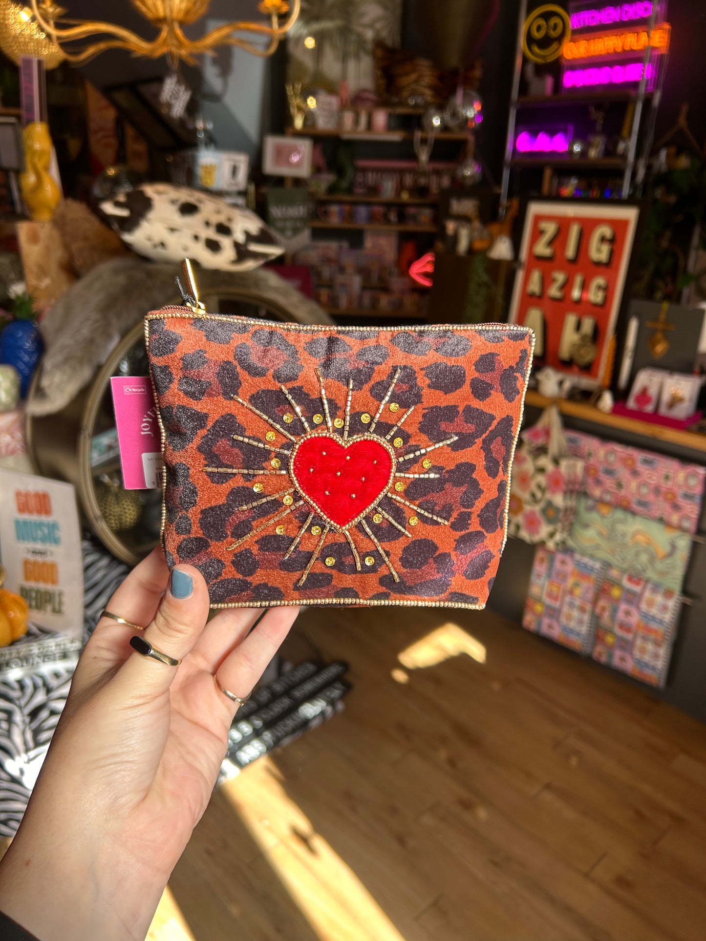 Leopard Bursting Heart Medium Pouch