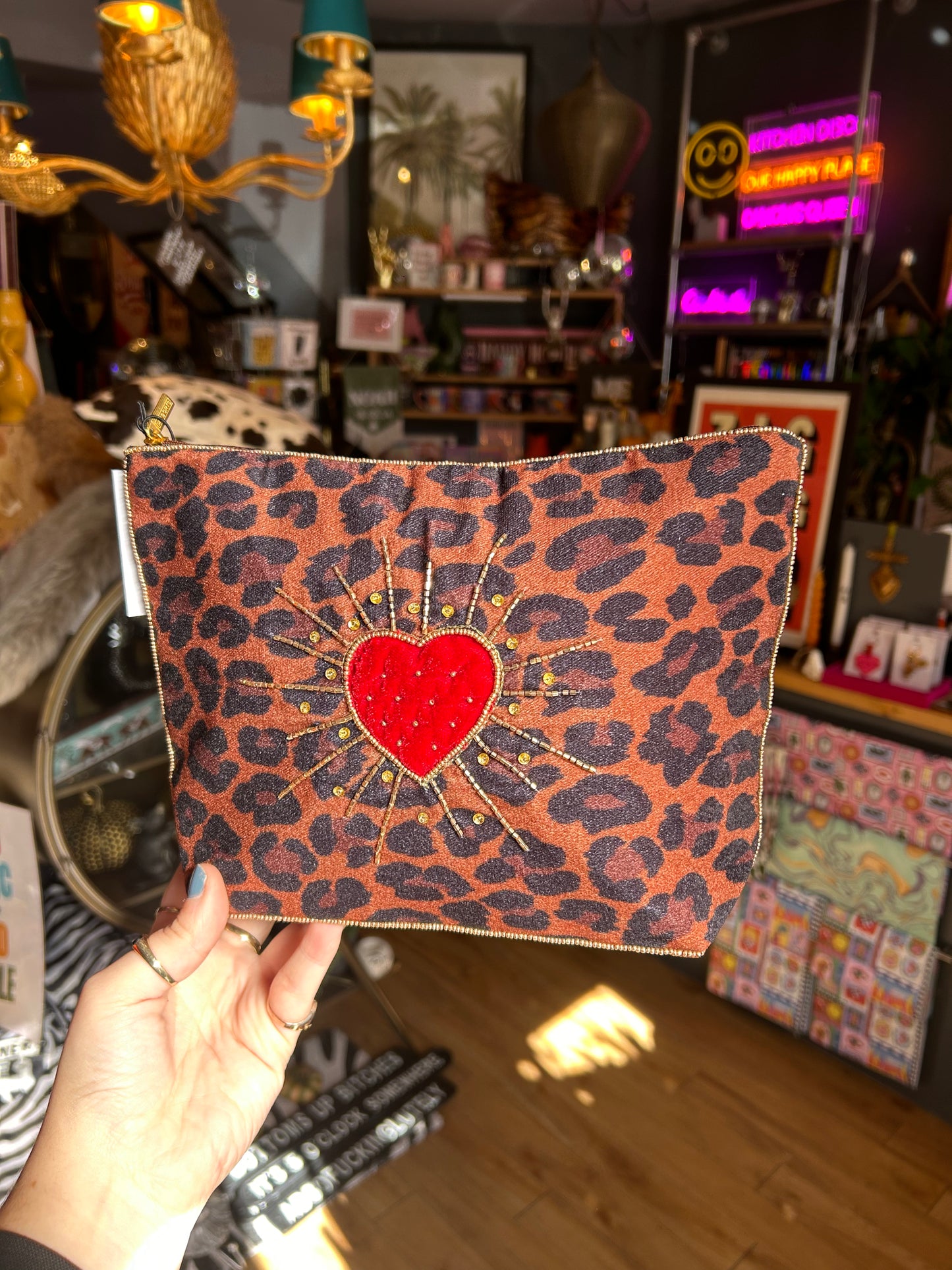 Leopard Bursting Heart Large Pouch