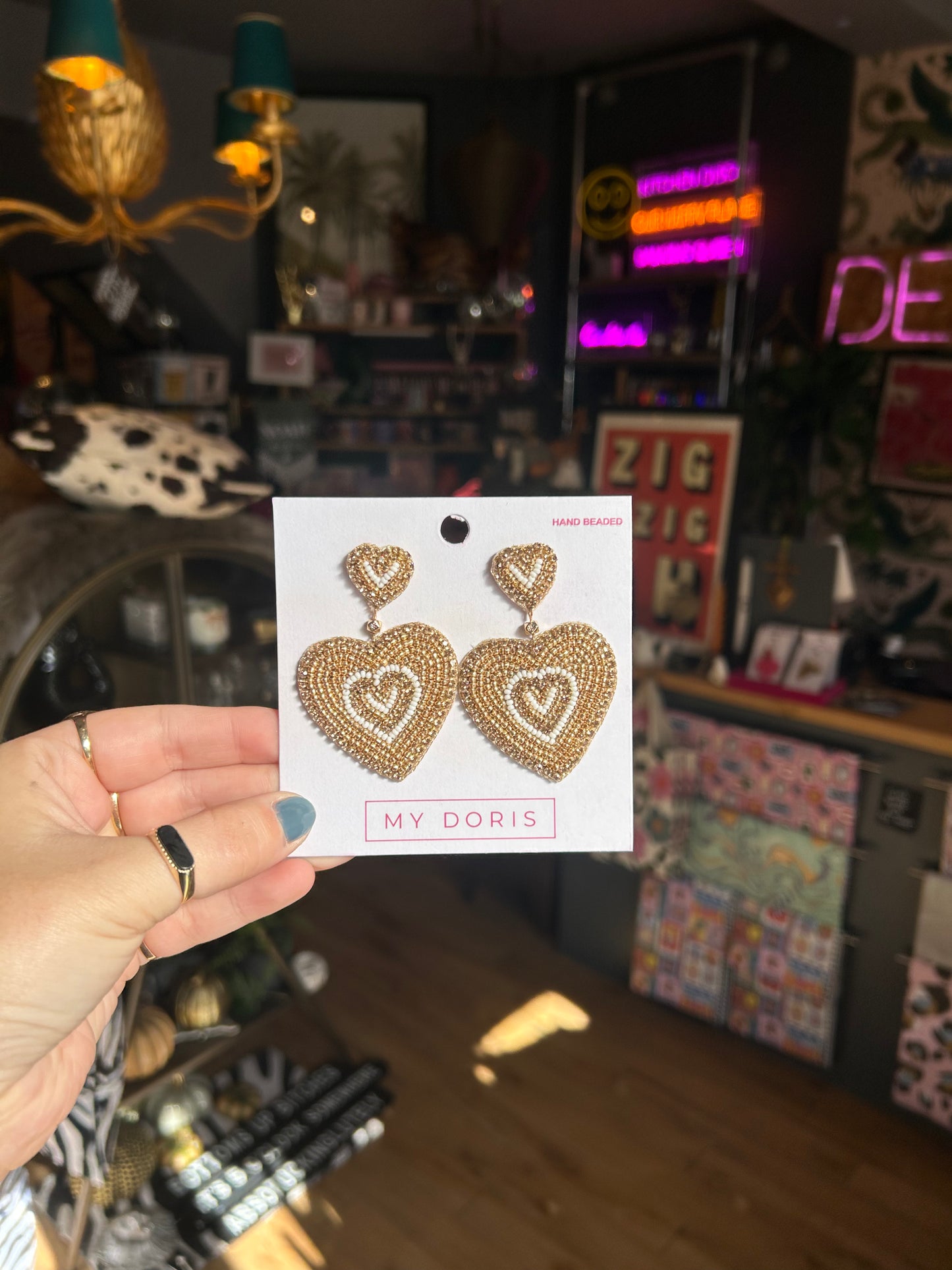 Gold & White Beaded Heart Earrings