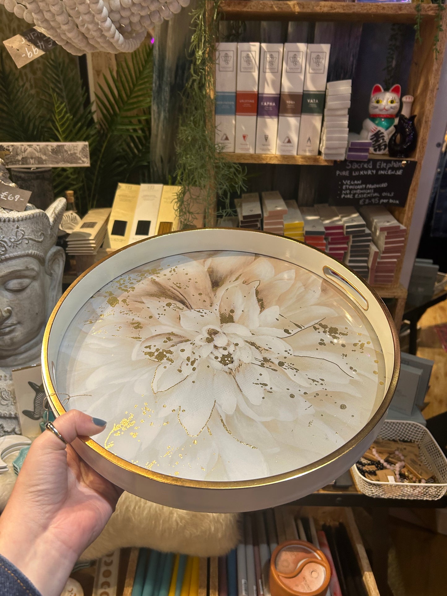 Round white with flower design tray