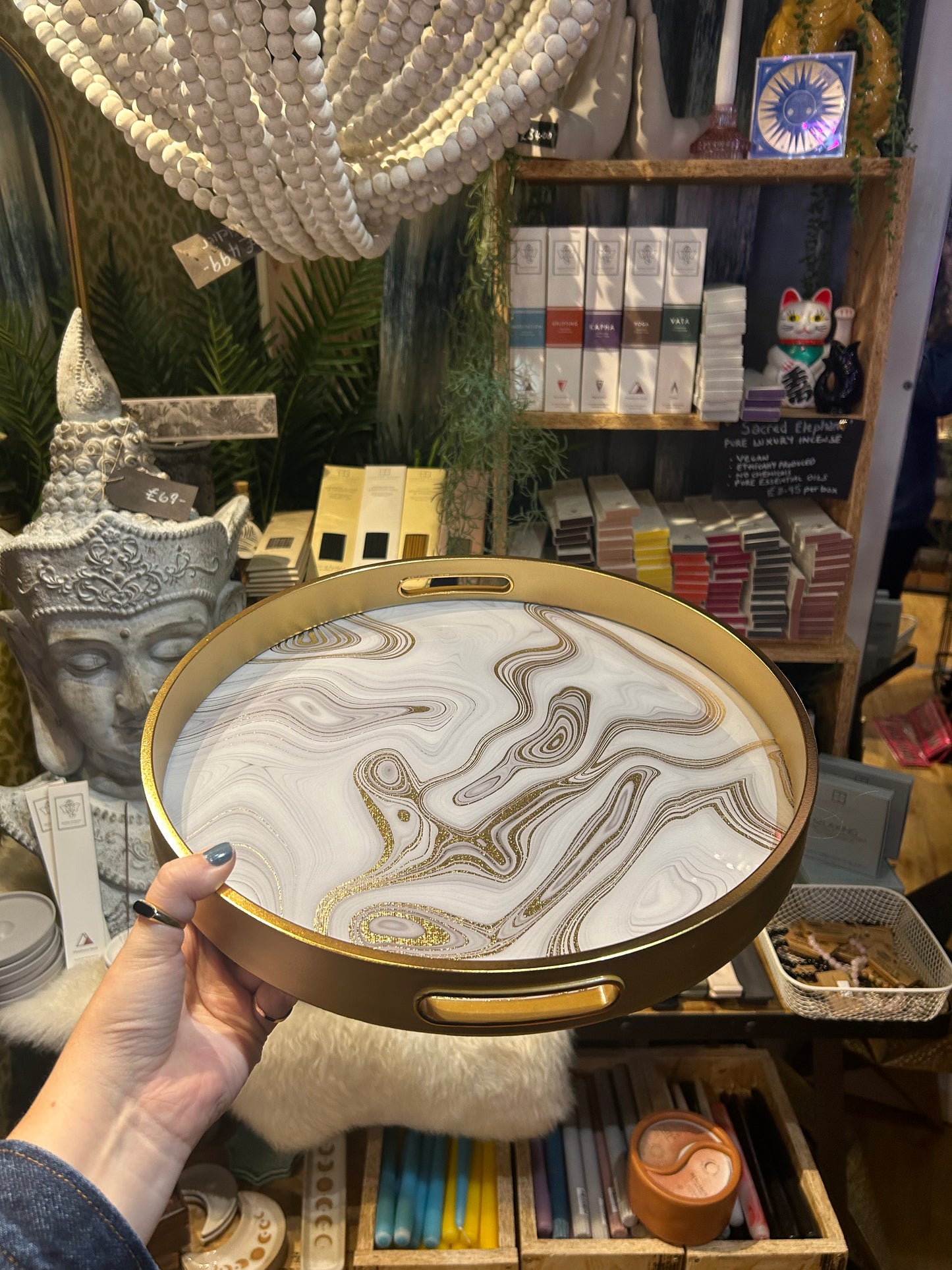 Small Round White Marbled Tray