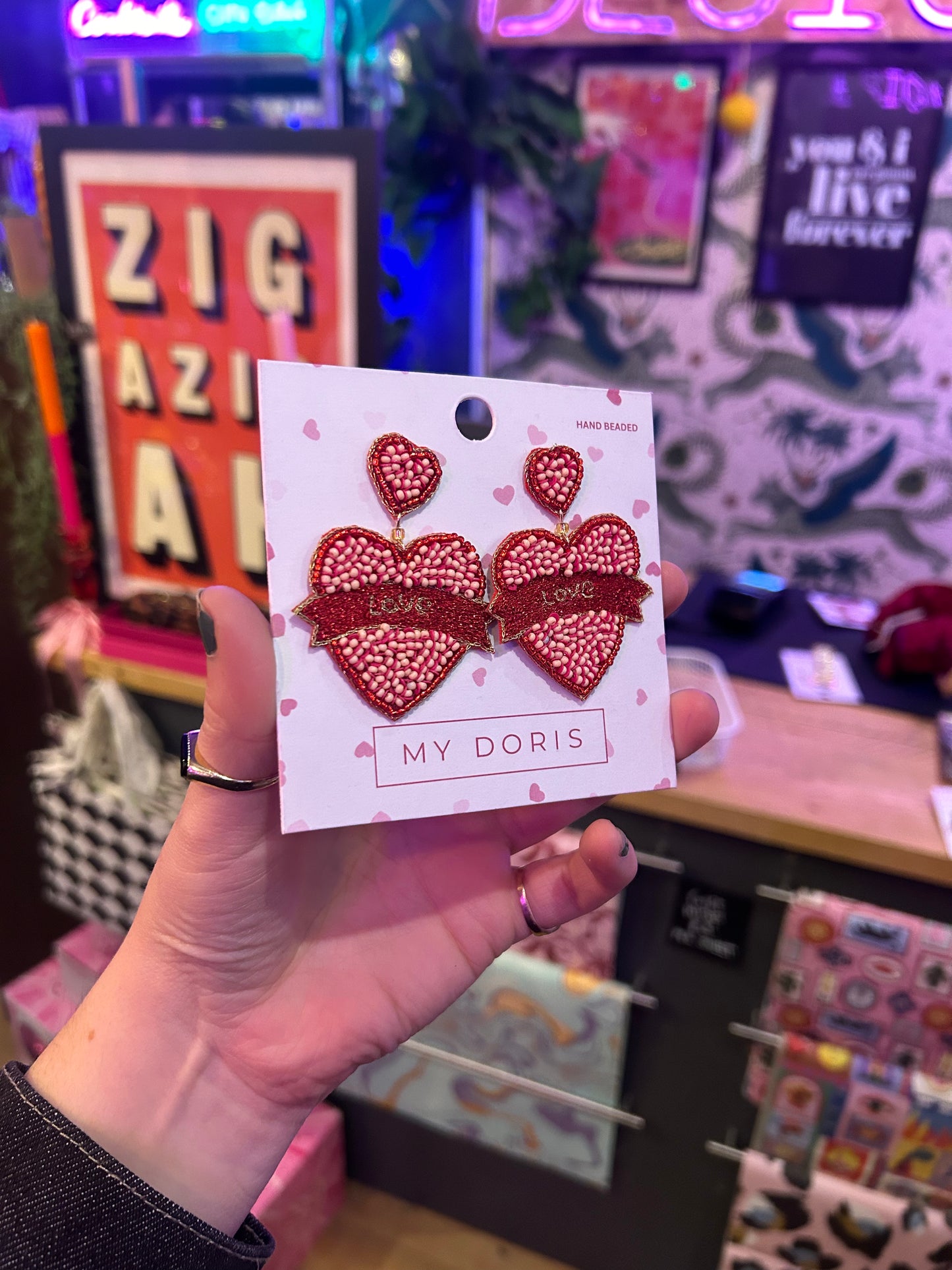 Beaded Heart Earrings with 'Love' Banner