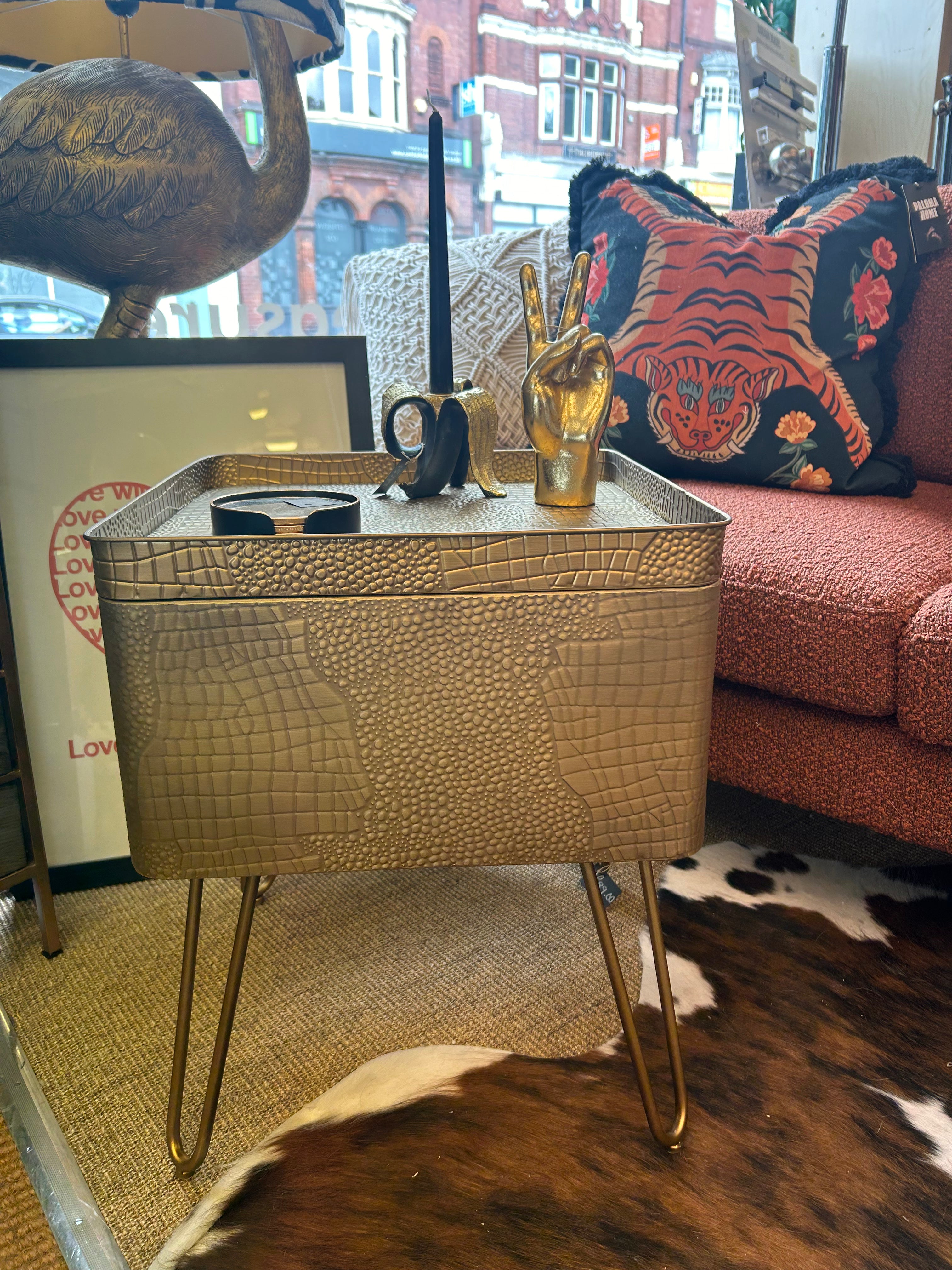 Golden side table with storage – Designs By Kim Johnson