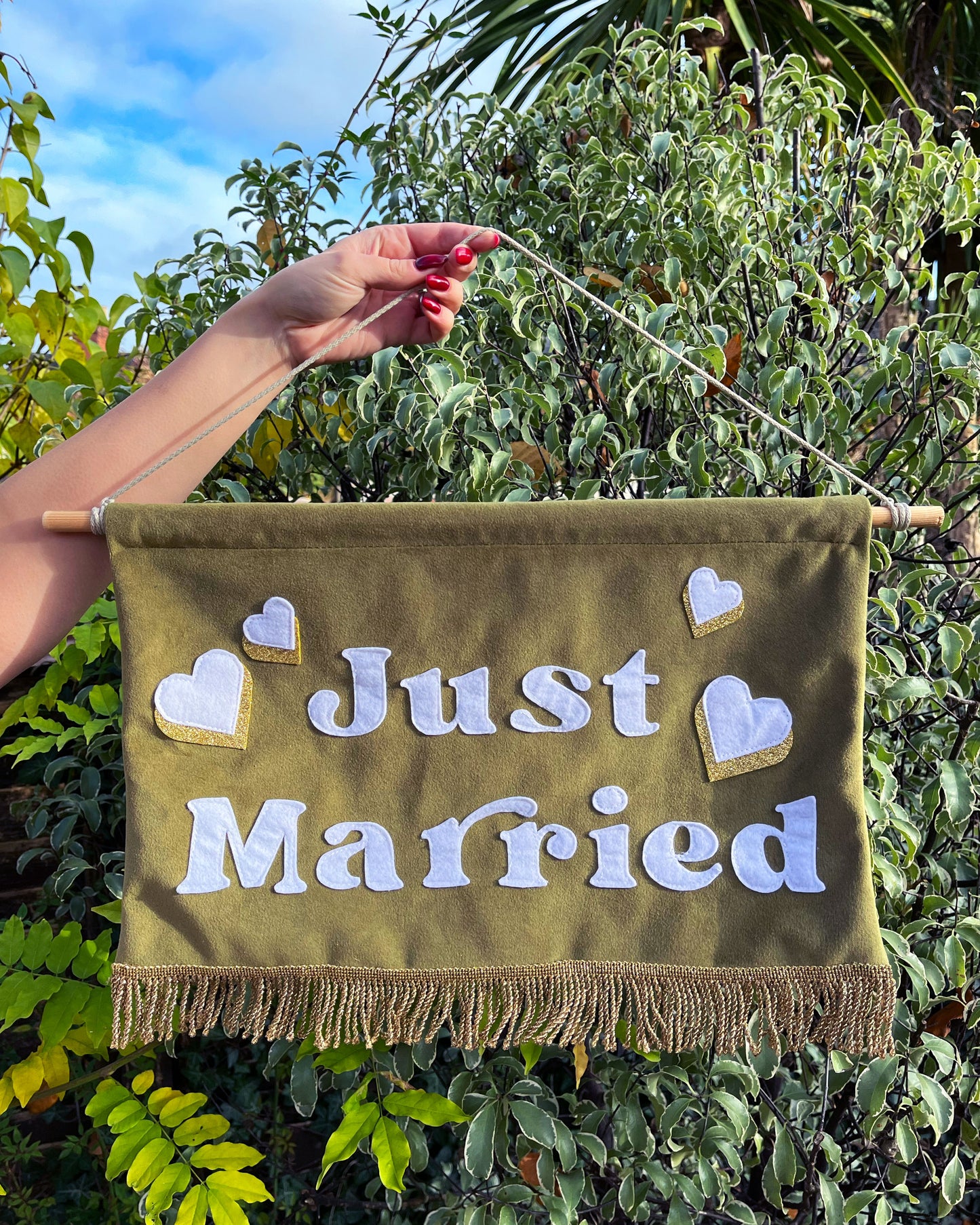 Just Married Green Velvet Banner