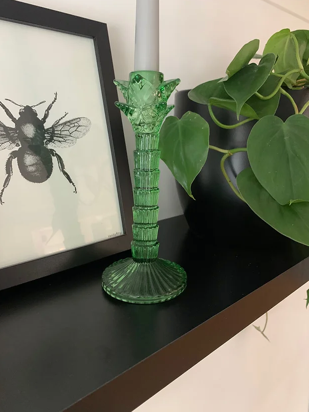 Green glass palm tree candle stick