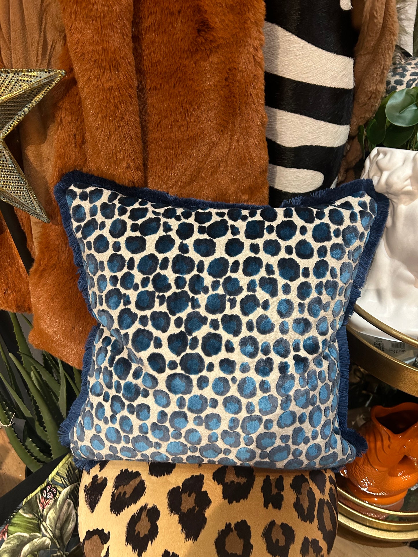 Blue Leopard Fringed Cushion