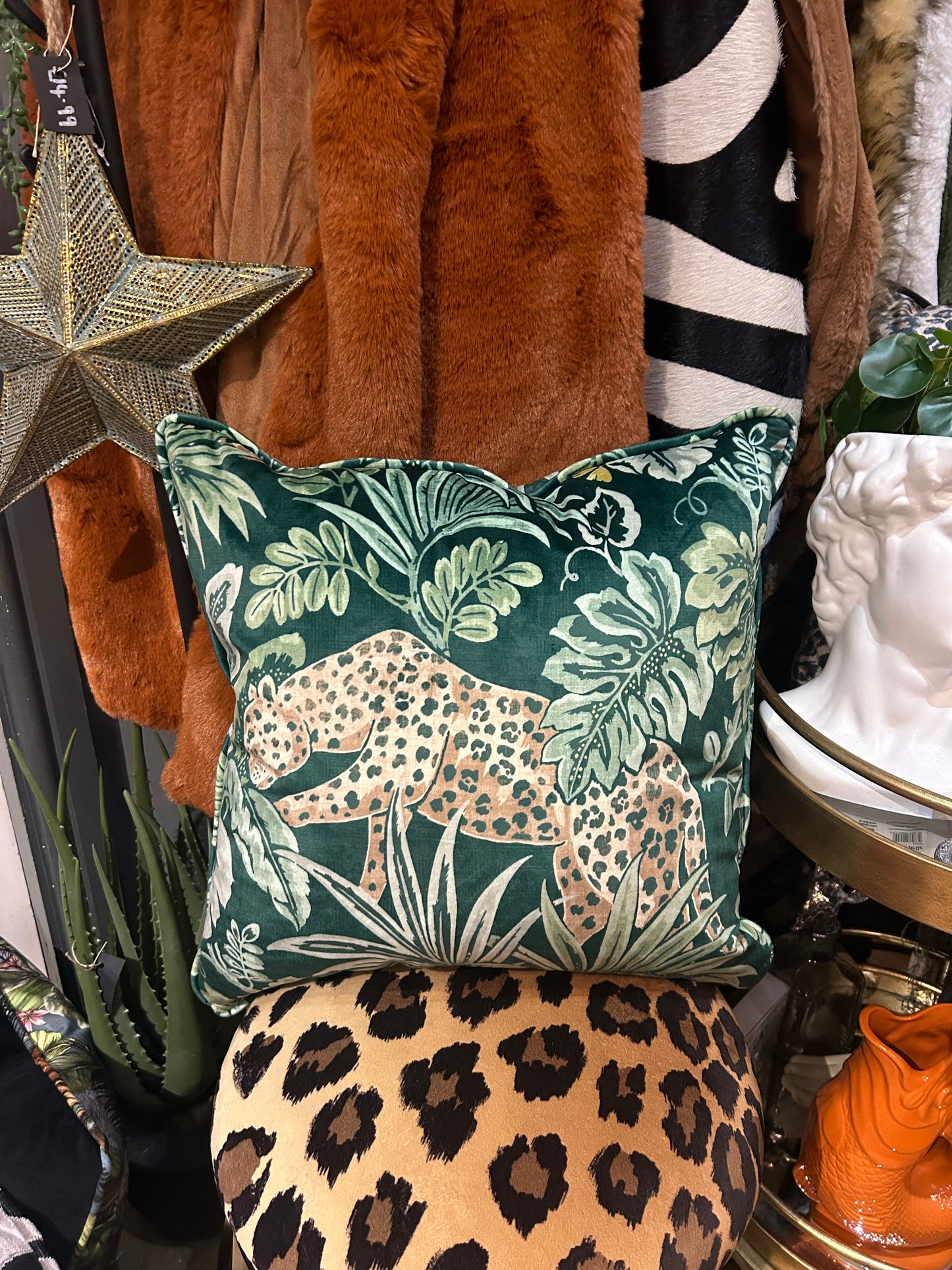 Green Leaf And Leopard Cushion