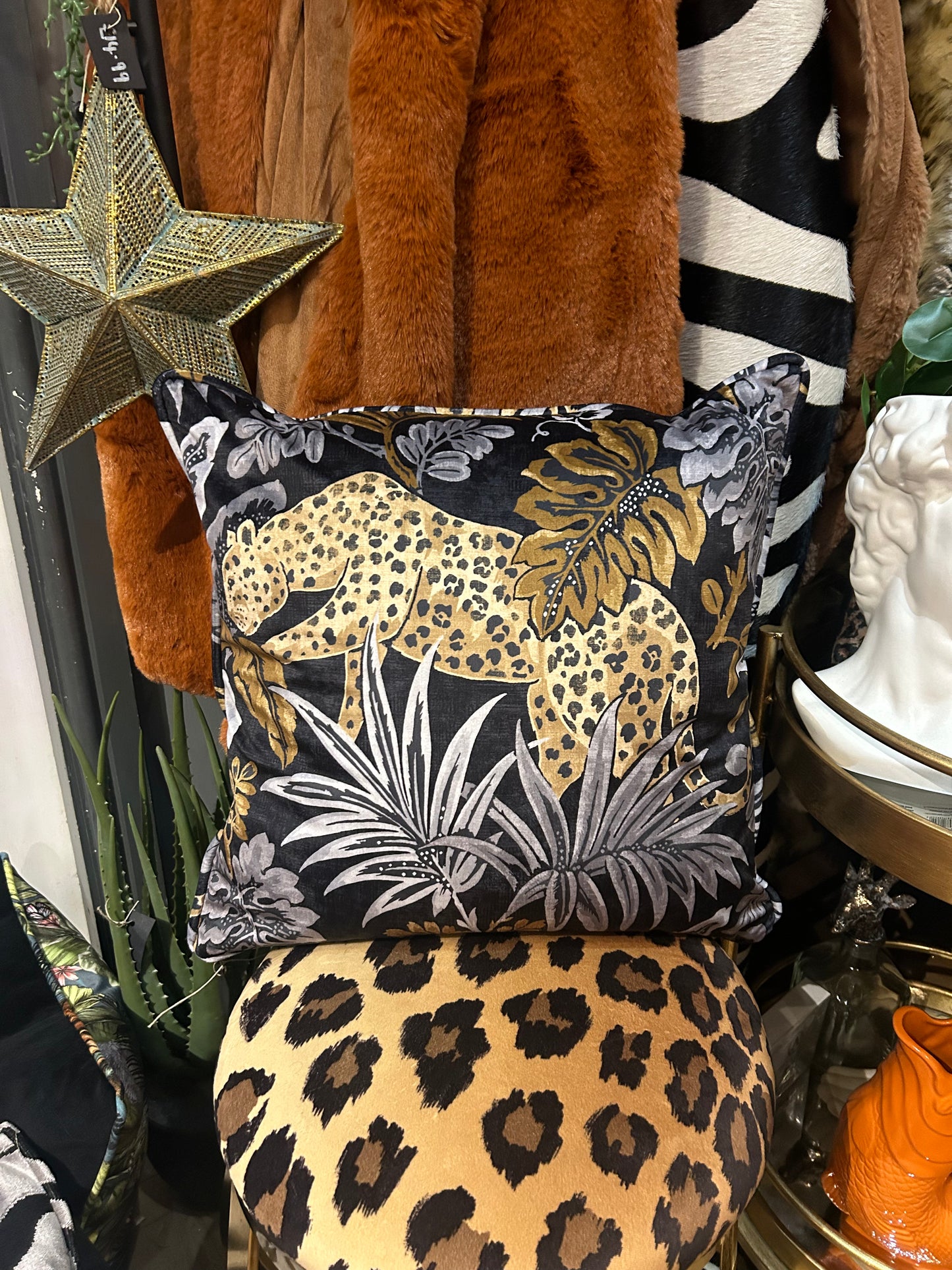Grey Leaf and Leopards Cushion