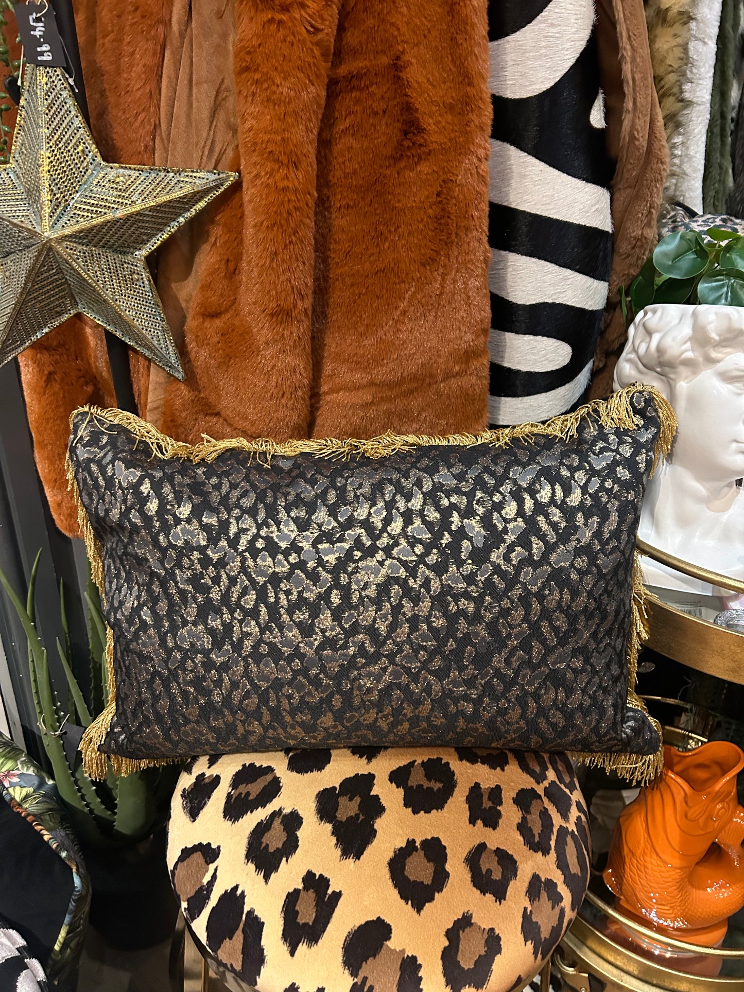 Metallic Leopard Print Gold Fringed Cushion