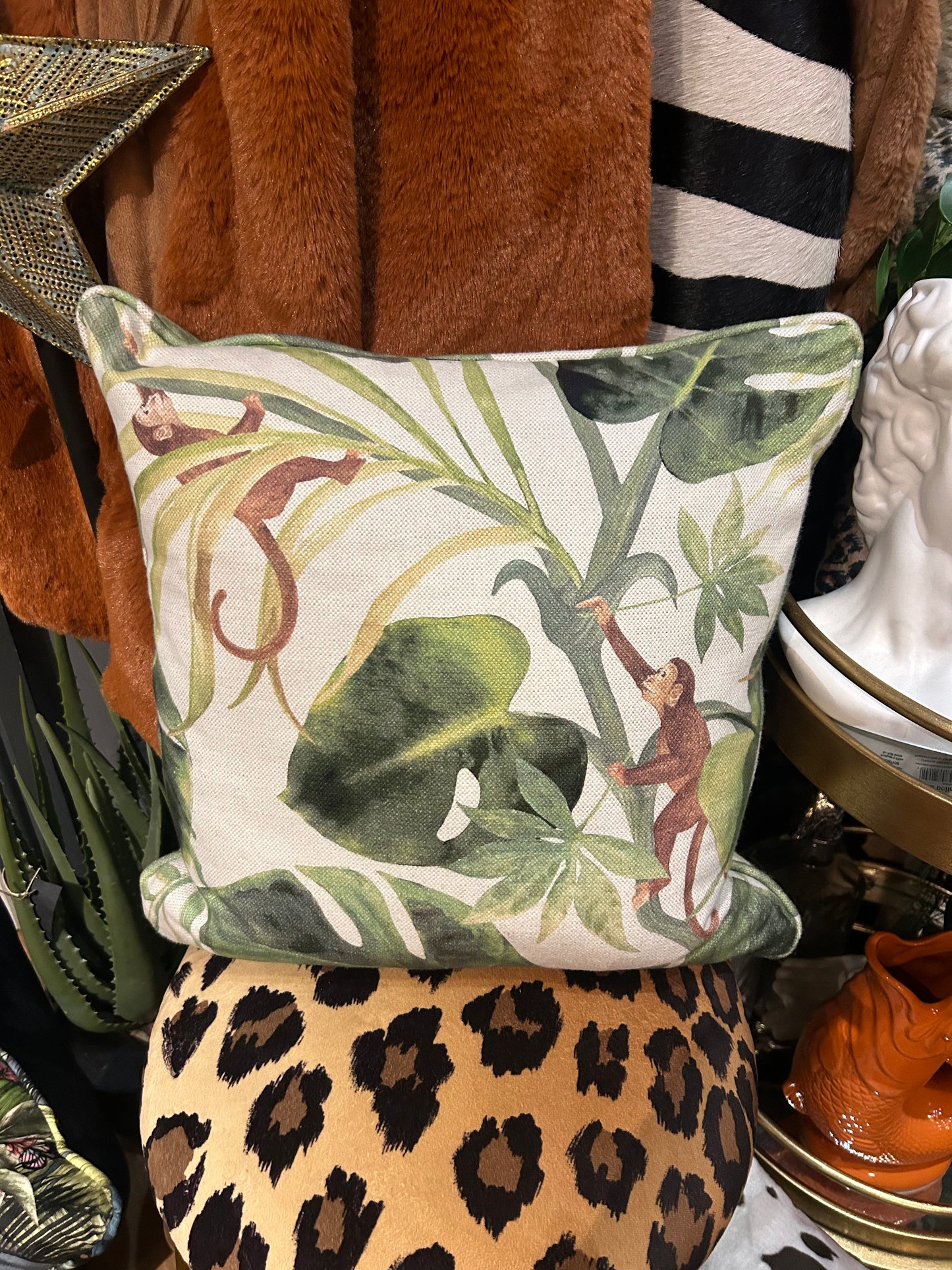 Monkey & Tropical Leaf Cushion