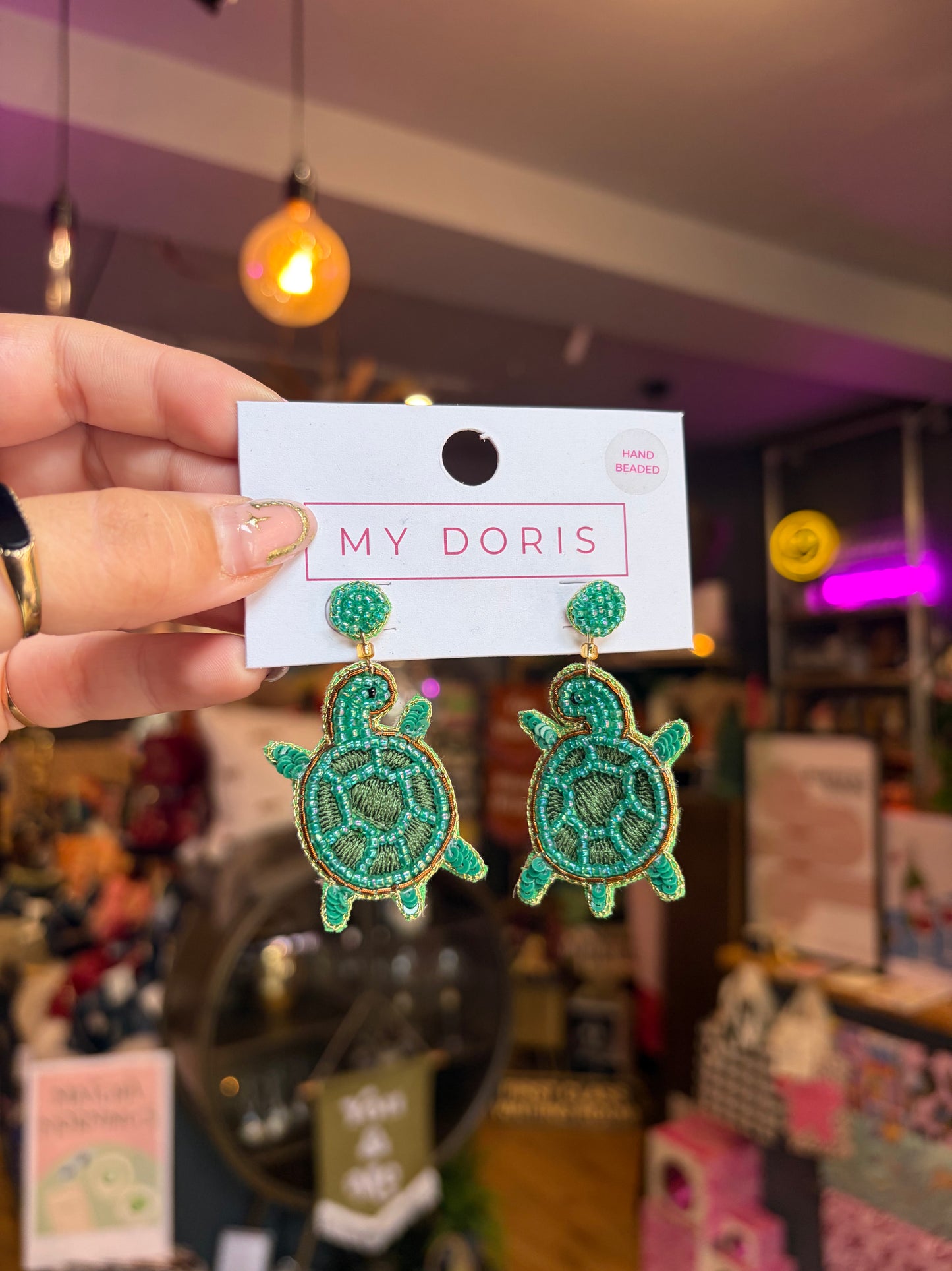 Green Beaded Turtle Earrings