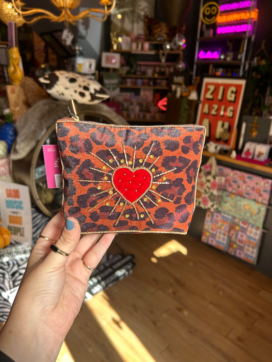 Leopard Bursting Heart Medium Pouch