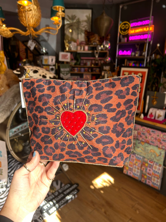 Leopard Bursting Heart Large Pouch