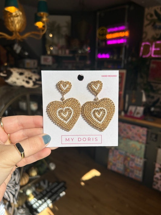 Gold & White Beaded Heart Earrings