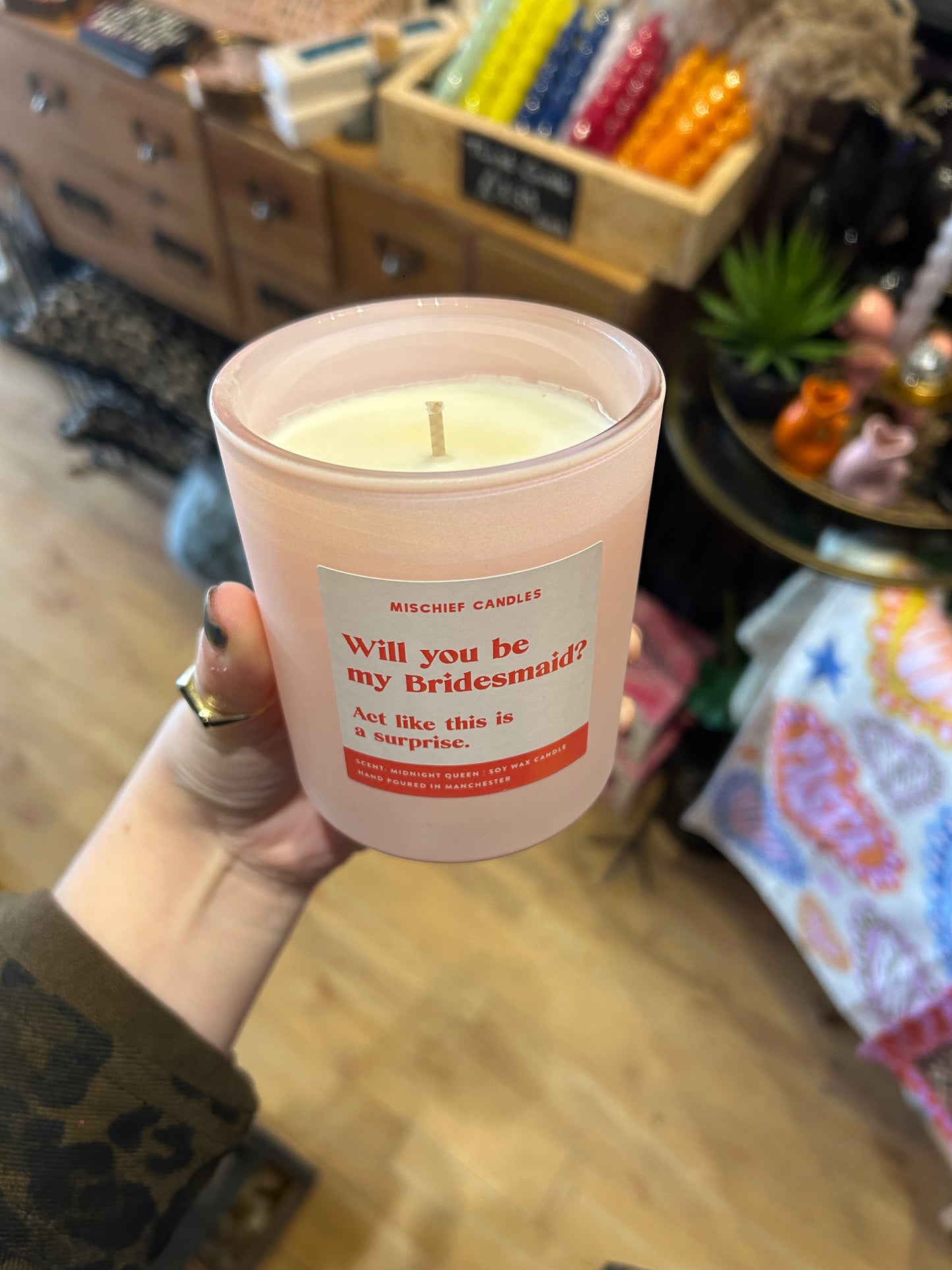 'Will You Be My Bridesmaid? Act like its a surprise' Candle