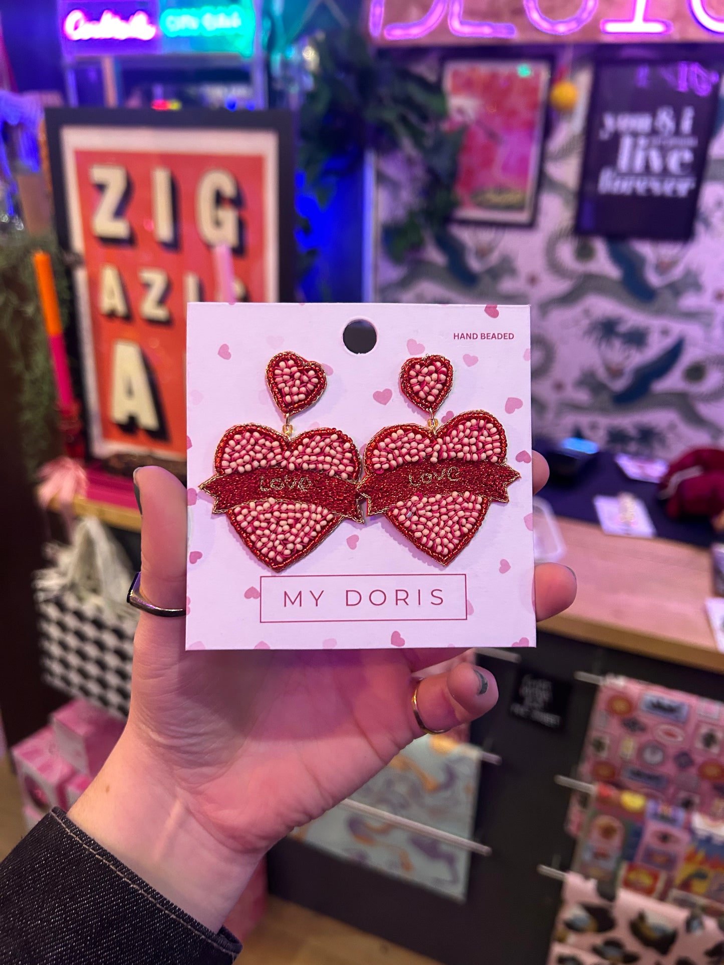 Beaded Heart Earrings with 'Love' Banner