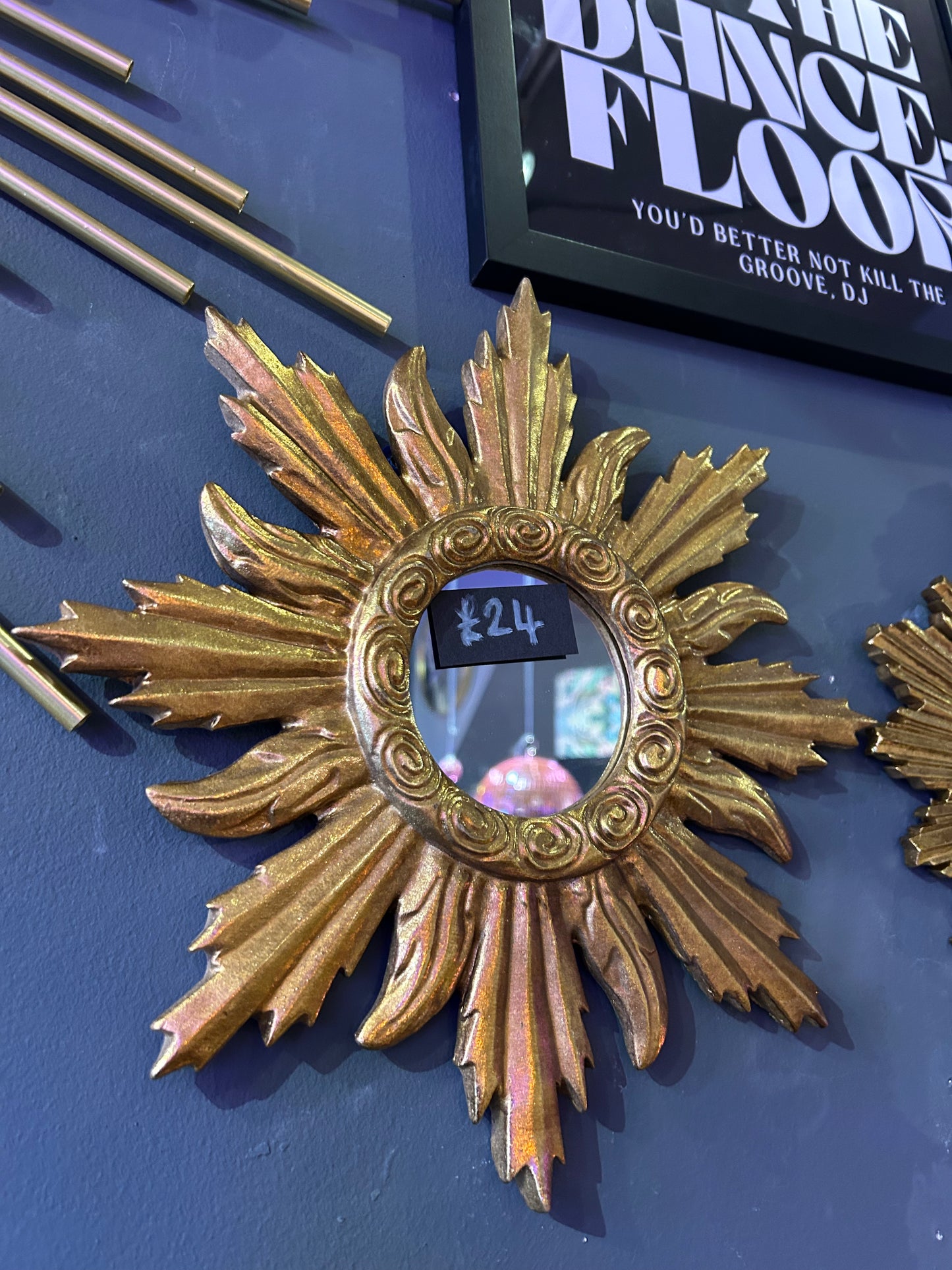 Small Antiqued Gold Sun Mirror