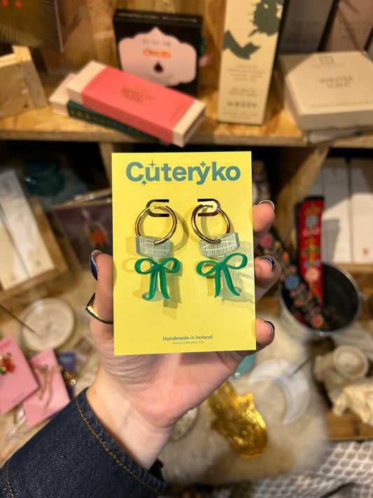 Green Bow Champagne Glass Earrings