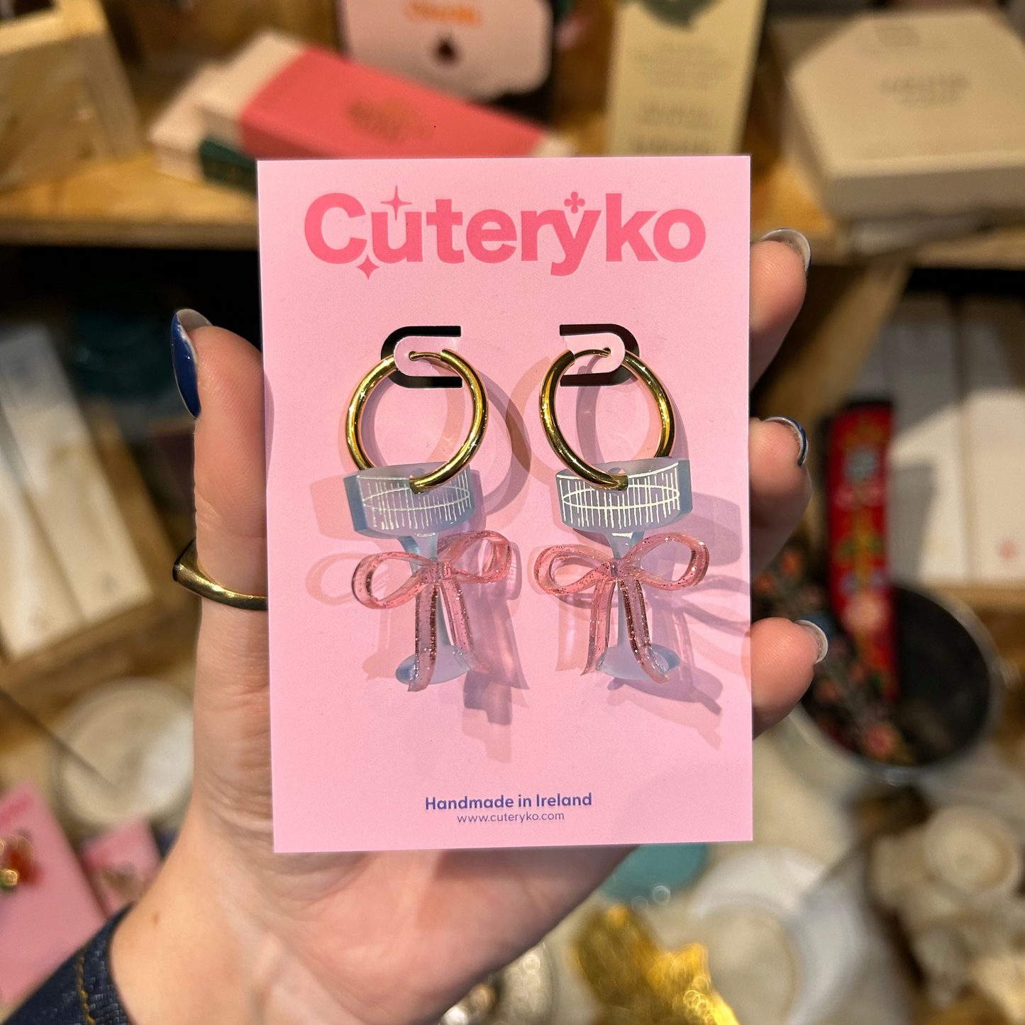 Pink Bow Champagne Glass Earrings