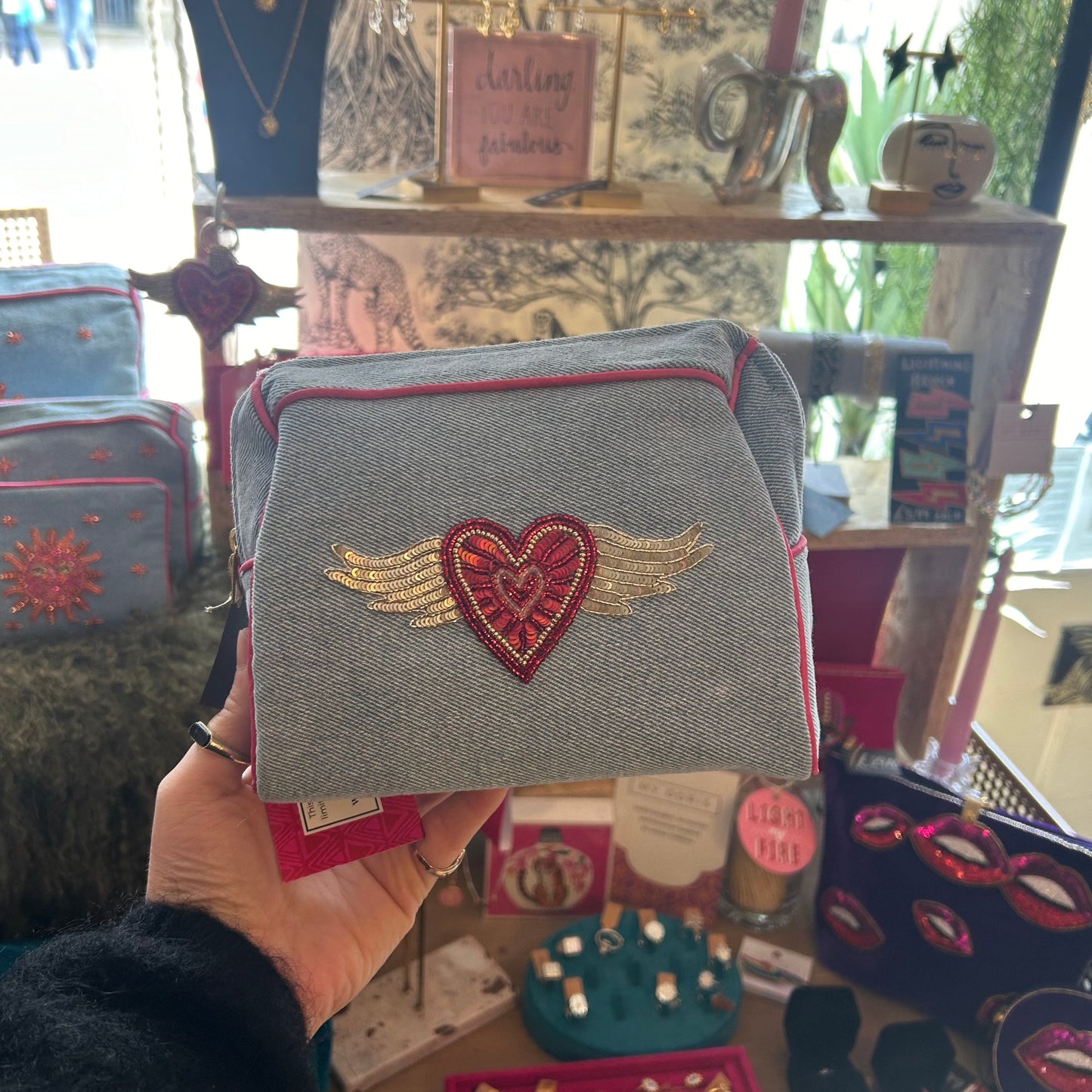 Denim Heart makeup bag