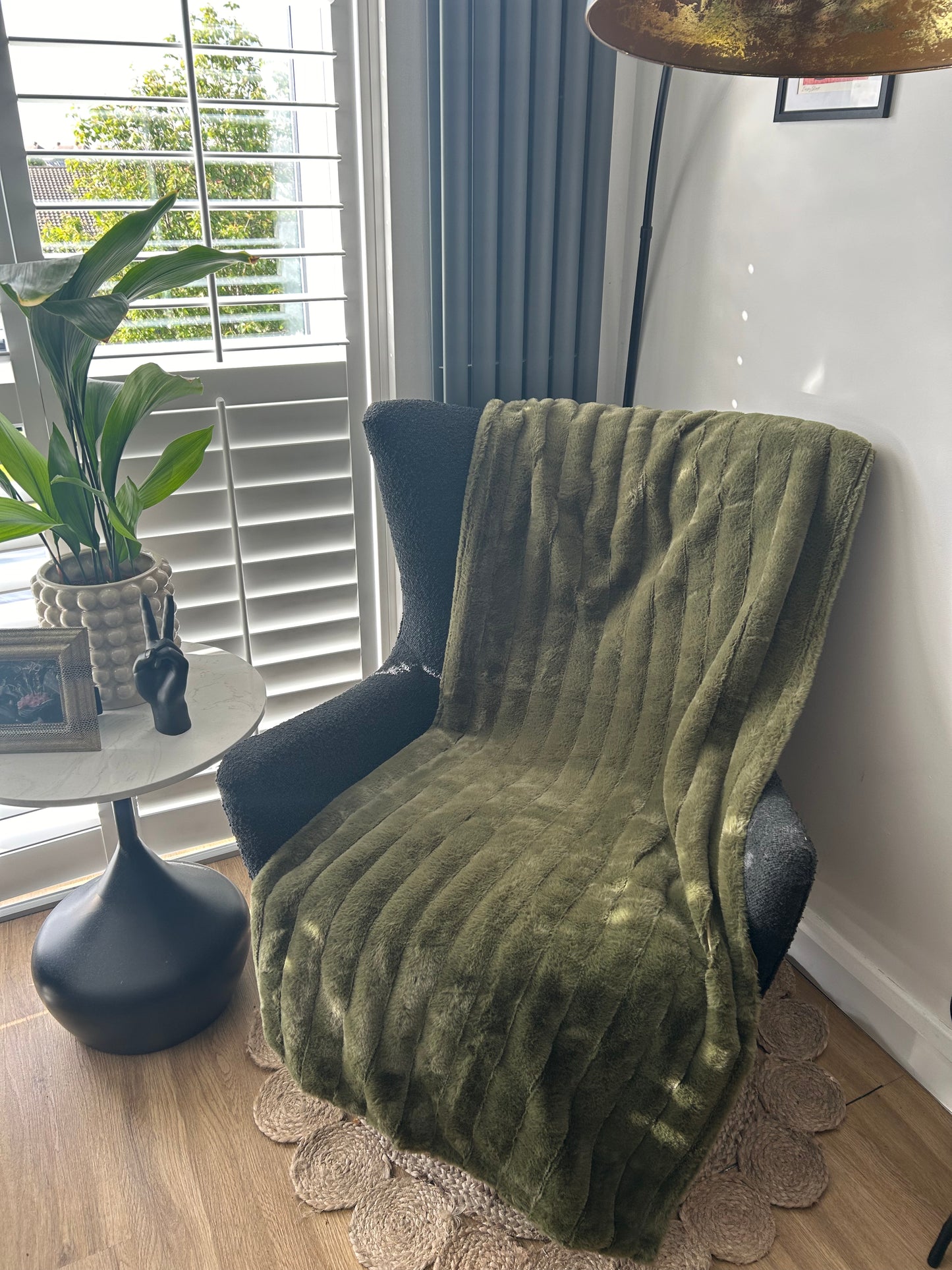 Olive green faux fur throw