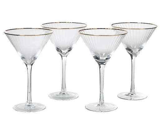 Ribbed Gold Rim Martini cocktail Glasses - Set Of 4
