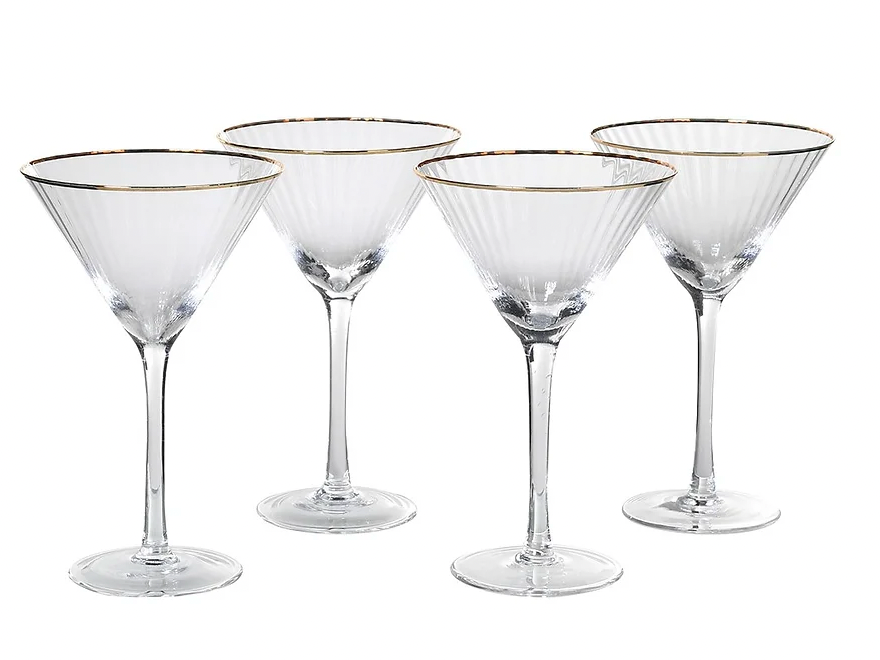 Ribbed Gold Rim Martini cocktail Glasses - Set Of 4