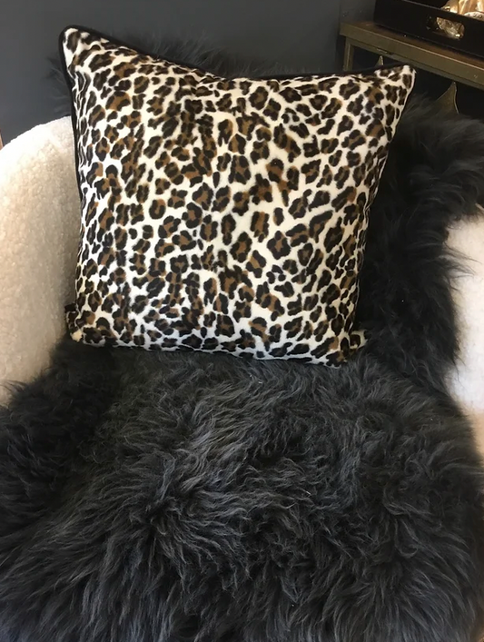 Faux fur cream leopard print scatter cushion