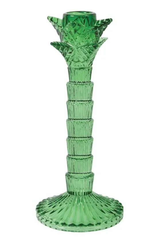 Green glass palm tree candle stick
