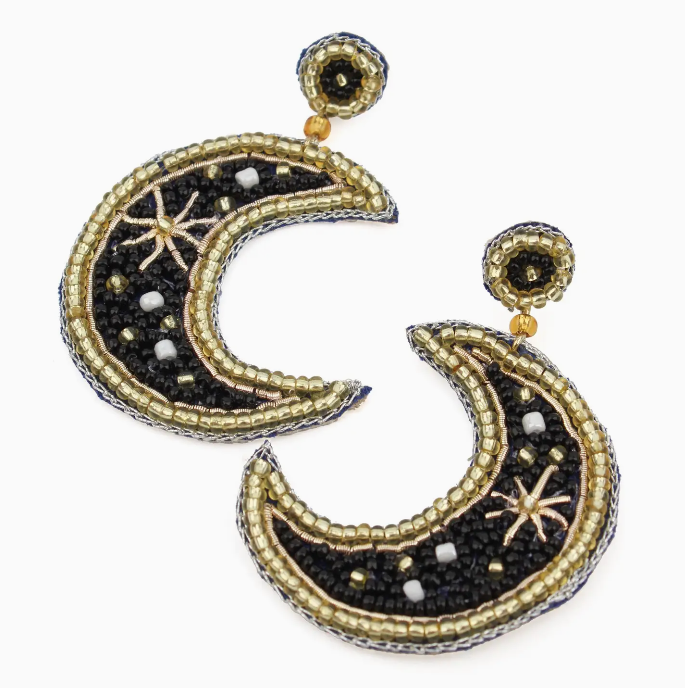 Black and Gold Beaded Moon Earrings