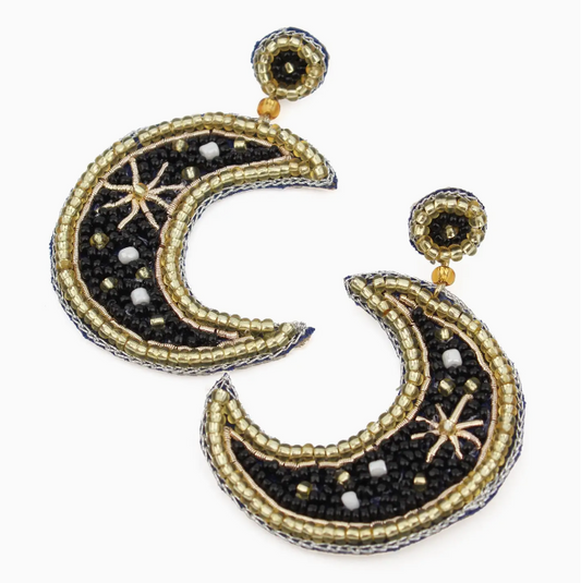 Black and Gold Beaded Moon Earrings