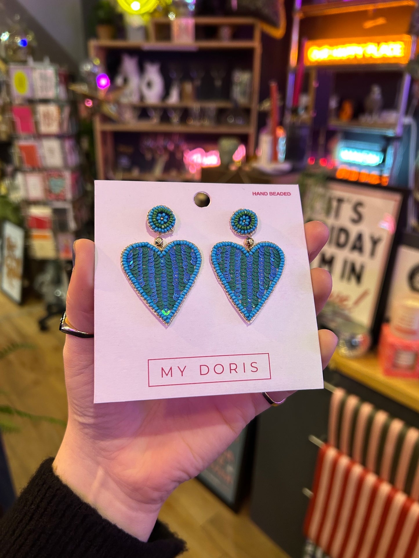 Green And Blue Stripe Heart Earrings