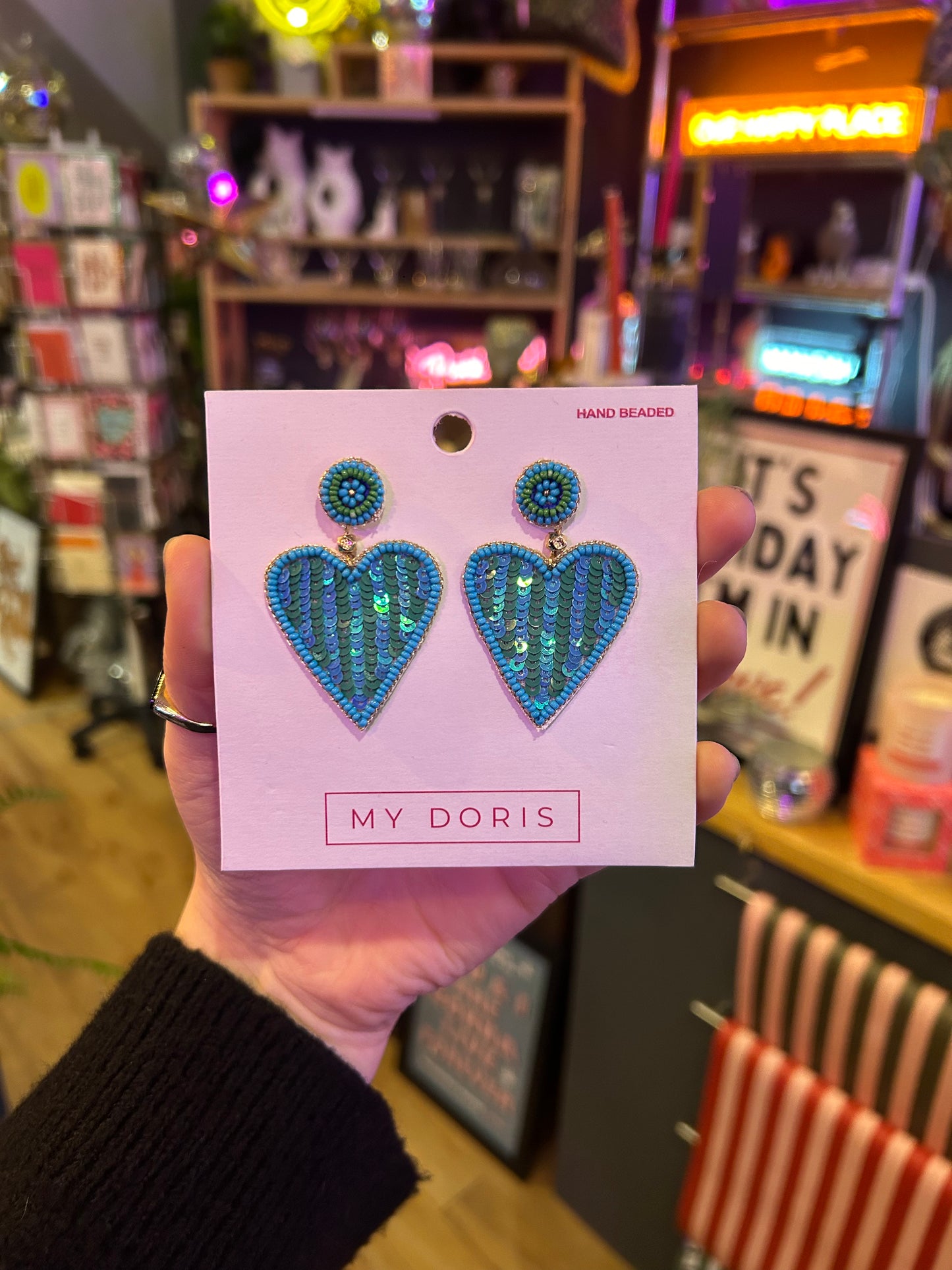 Green And Blue Stripe Heart Earrings