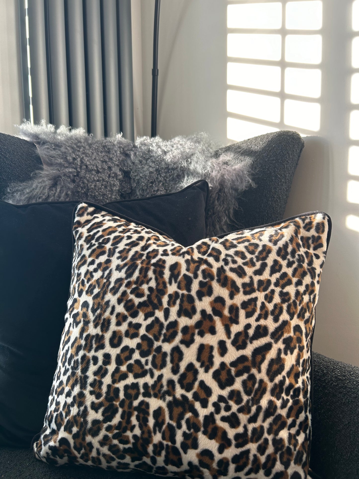 Faux fur cream leopard print scatter cushion